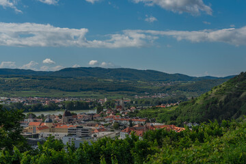 Fototapeta na wymiar View over Krems an der Donau in summer sunny cloudy hot day