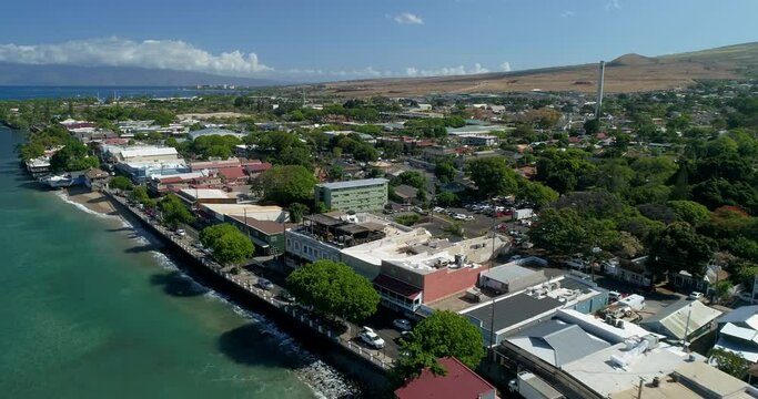 4k forward tracking motion of aerial drone view of the city of Lahaina,Maui,Hawaii,USA