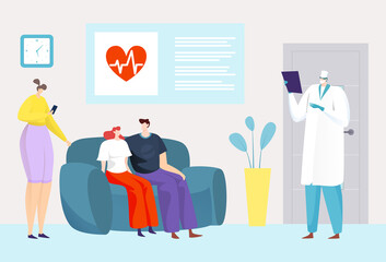 Hospital clinic medical service, vector illustration. Doctor nurse flat medicine worker care about cartoon man woman patient health in room. Person waiting for healthcare visit in office.