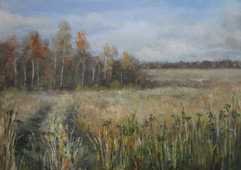 Country field in october, oil painting, Russia