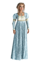 Portrait of woman in historical renaissance dress and jewelry. Isolated on white. 3D rendering.