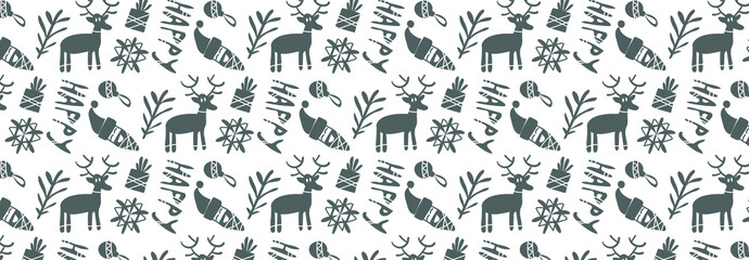 vector new year pattern with deer, snow, santa, tree