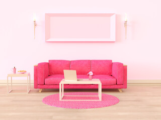 Living room interior in pink colors with sofa, laptop on coffee table, empty photo frame. 3D rendering.