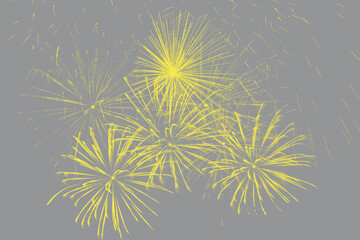 Bright multi-colored fireworks on festive night. Colors of the year 2021 - illuminating and ultimate gray. Toned image