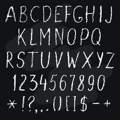 Chalk vector alphabet. Latin letters and numbers in chalk. English alphabet for menu design.