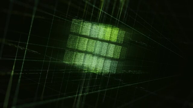 Green abstract cube is assembled from small particles. Animation. Shimmering 3D figure rotating on black background, seamless loop.