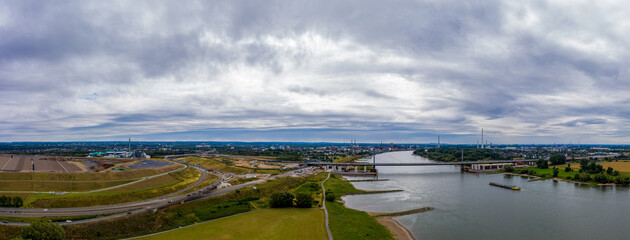 Panoramic view of the Rhine and the A1 motorway bridge near Leverkusen, Germany. Drone photography.