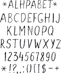 Chalk vector alphabet. Latin letters and numbers in chalk. English alphabet for menu design. Charcoal letters.