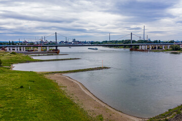 Panoramic view of the Rhine and the A1 motorway bridge near Leverkusen, Germany. Drone photography.