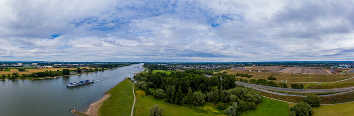 Panoramic view of the Rhine  near Leverkusen, Germany. Drone photography.