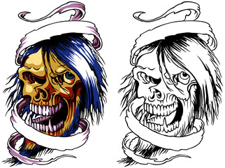 Skull with vampire teeth, blue hair. Against the background of a fiery flame and ribbon. Retro style tattoo. Vector illustration
