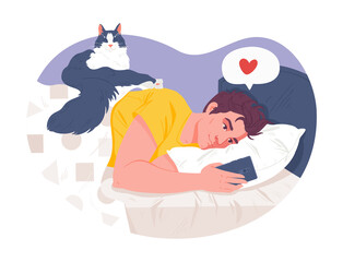 Guy lies in bed with phone in hands. Communication on social networks, messenger with friends or loved one. Funny cat cheekily lay down on top of him. Leisure, social media, modern technology concept 