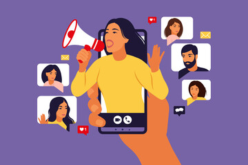 Hands holding smartphone with a girl shouting in loud speaker. Influencer marketing, social media or network promotion. Blogger promotion services and goods for her followers online. Vector.