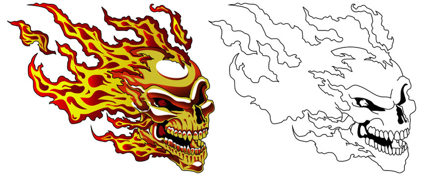 flame; fire; vector; skull; skeleton; illustration; halloween; evil; bone; tattoo; scary; death; graphic; head; horror; cartoon; burn; danger; devil; icon; rock; face; flaming; heat; design; drawing; 