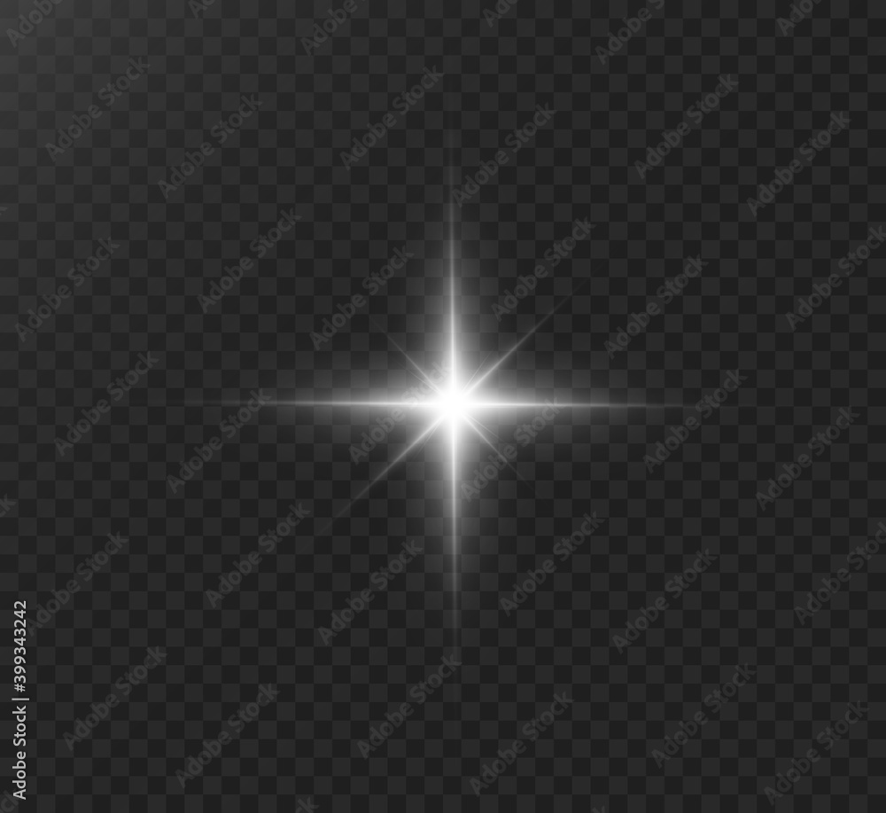 Poster White glowing light explodes on a transparent background. Bright Star. Transparent shining sun, bright flash. Vector graphics.	