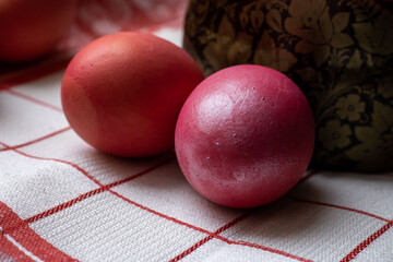 Easter. Easter cake with sweet red fondant and Easter eggs. Easter atmosphere