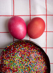 Easter. Easter cake with sweet red fondant and Easter eggs. Easter atmosphere