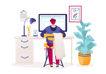 Young business man, programmer, creative outsourcing employee sitting on chair working at computer in cozy, stylish modern interior. Flat vector cartoon character freelancer working remotely at home.