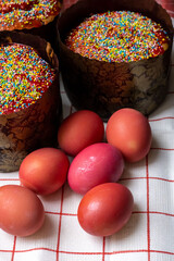 Easter. Easter cake with sweet red fondant and Easter eggs. Easter atmosphere