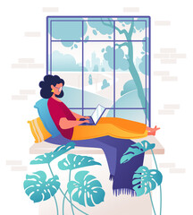 Woman works remotely, lying on comfortable windowsill creative designer or manager chatting with colleagues on laptop, landscape visible outside window. Cozy interior, advantages of self-employment. 