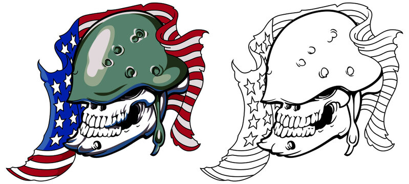 A khaki soldier in a khaki military helmet with bullet marks on the background of the American flag. Vector illustration in tattu style. On white background