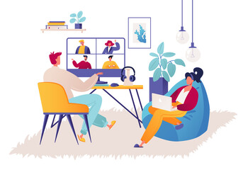 Couple of young people work remotely at home during quarantine, self-employment, freelance. Male character having video conference with colleague team meeting online. Girl works on laptop.