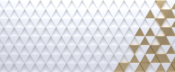 White and gold tiled triangular abstract background. Extruded triangles surface. 3d render.