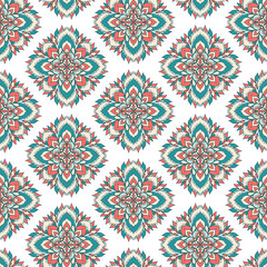 Floral colorful abstract Seamless Pattern with Mandala. Tribal ethnic motif. Lace paisley flowers, shapes, circles, lines. Decorative Ornament backdrop for fabric, textile, wrapping paper. Vector.