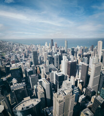 Obraz premium Chicago, Illinois USA aerial skyline with Lake Michigan on the background. Sunny day, blue sky with clouds 