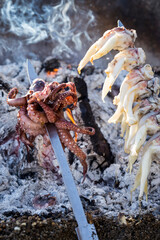 Octopus and squid slowly roasted over hot coals at the beach outdoors during daytime, in a dish called the Malaga skewer (or espetos, in Spanish).  Vertical closeup view.