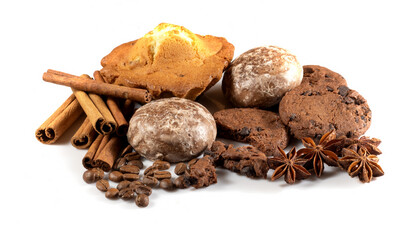 isolated image of cookie, chocolate, anise and cinnamon close up
