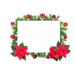Red Christmas toys, spruce small sticks and poinsettia flowers on white isolated background. Christmas frame. Design elements. Holiday card, copy space.