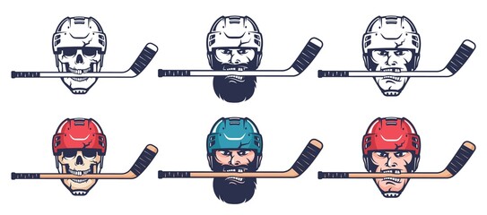 Hockey player head with stick. Skull in hockey helmet with stick. Vector illustration.