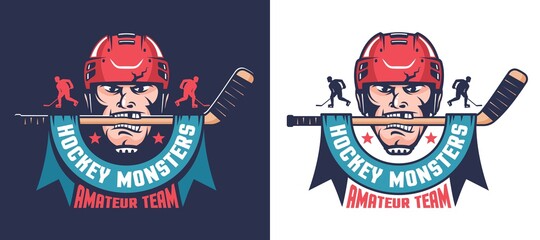 Hockey vintage logo with player, stick and ribbon. Ice hockey team mascot. Vector illustration.