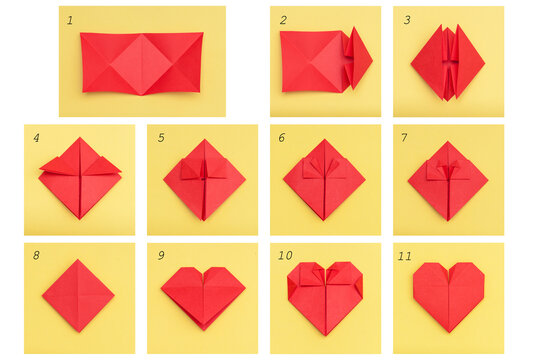 Step by step instruction how to make paper heart. DIY concept.