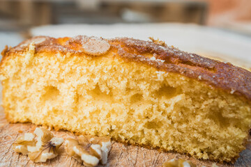 Delicious typical spanish cake, a coca. Beautiful slice.