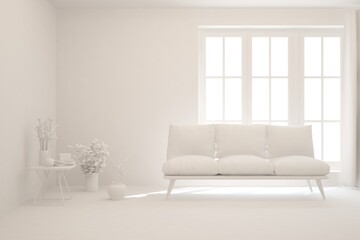 White minimalist living room with sofa. Scandinavian interior design. 3D illustration