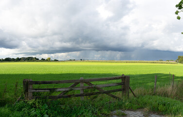 Fototapeta na wymiar Green field of grass with heavy rain clouds and sunshine panoramic view