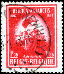 Postage stamp issued in Belgium with the image of the Captain Adrien de Gerlache, expedition leader. From the series on 50th Anniversary of Belgian Antarctic Expedition,  1947