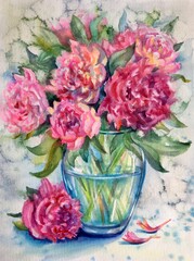 Watercolor pink, burgundy peony in vase on table in room. Beautiful bouquet . Design element.