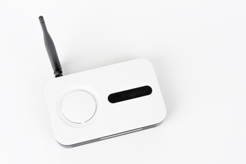 Wifi router, wireless device with one antenna on white background.