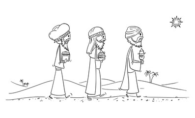 Vector cartoon stick figure illustration of three wise men or kings or biblical magi bearing gifts of gold, frankincense and myrrh to Jesus after his birth in Bethlehem. Concept of Bible, Christianity