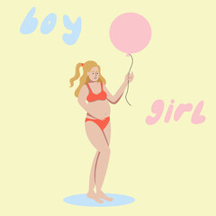 A pregnant girl in a swimsuit holds a pink ball in her hand, a ball for gender party
