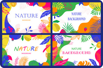 Set modern artistic cards design template. Abstract background designs with tropical leaves and fruit . Colorful trendy shapes.Vector illustration.