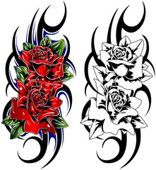 Bouquet of red roses tattoo style, green leaves with a blue background. Vector image