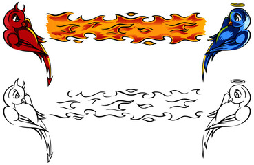 Tribal bird tattoos in the image of a demon and an angel. With a ribbon of fire