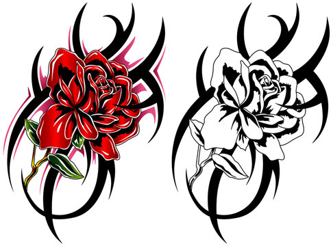Red rose with a tattoo, green leaves. Vector image