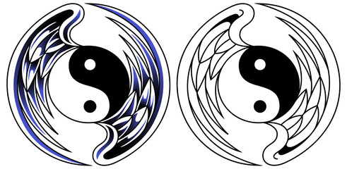 Yin Yang tattoo symbol in the shape of two wings of a stork. Vector logo