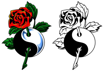 Magic circle tattoo and t-shirt design with red rose. Flower yin yang. Symbol of meditation, philosophy, harmony. - obrazy, fototapety, plakaty