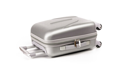 Bag travel. Silver travel plastic suitcase or vacation baggage bag isolated on white background. Copy space of summer vacation and business travel concept.